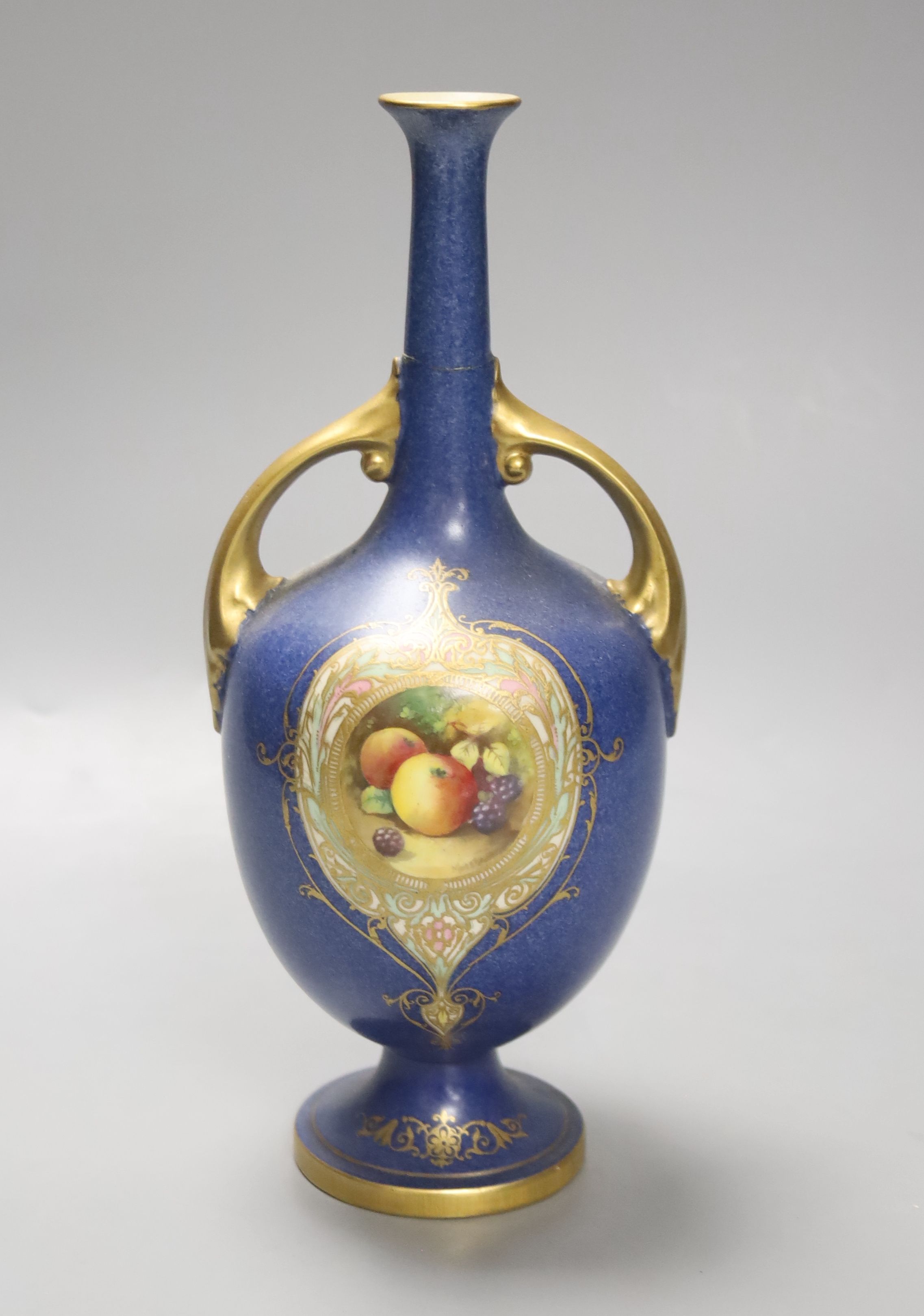 A Royal Worcester two handled blue ground vase, painted with fruit (neck broken and badly re-stuck)